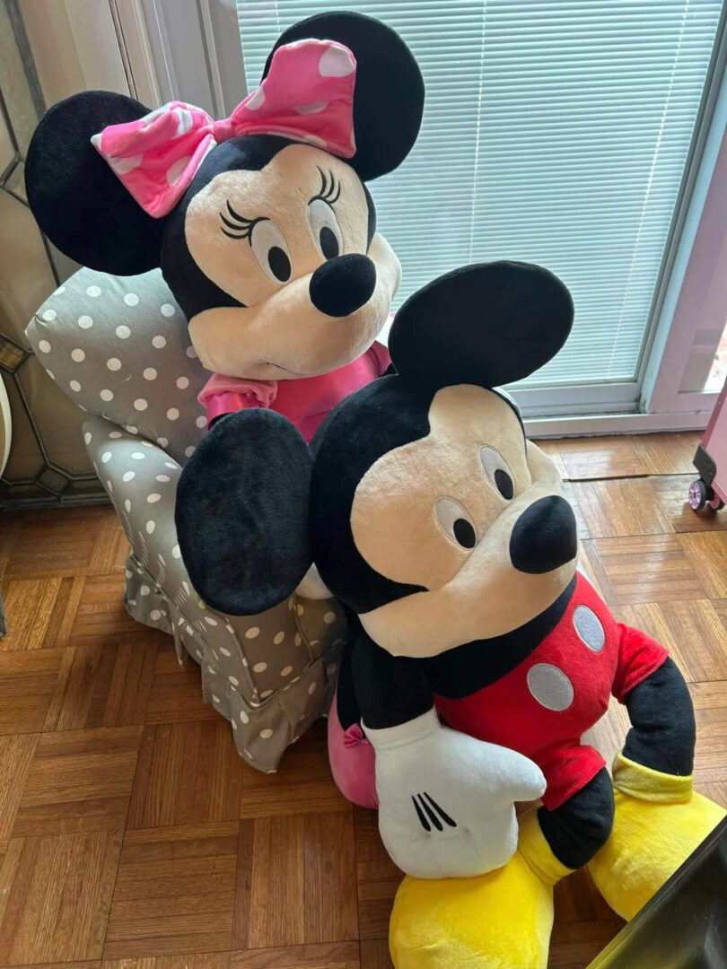 Two stuffed minnie mouse toys sitting on a floor.
