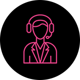 A pink icon of a person with headphones on.